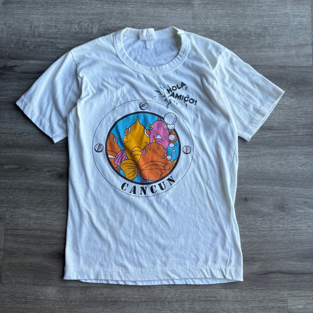 Vintage 80s‎ Cancun T-Shirt Hola Amigo Graphic Print Souvenir Tee White